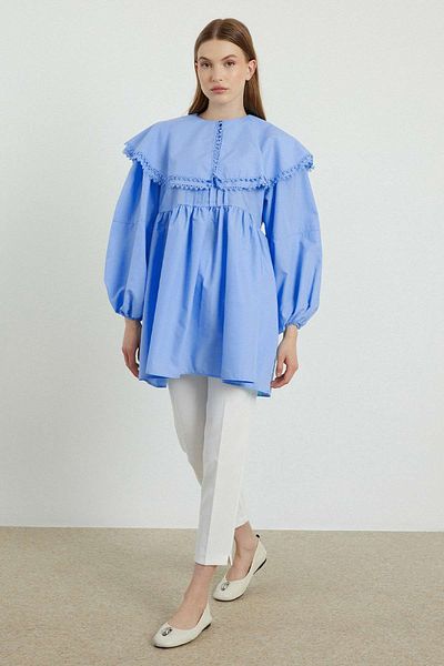 Hooopstore Tunica albastra din poplin - Design cu guler