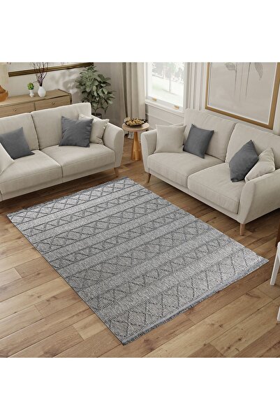 PUKA İskandinav Bukleli Gri Yumuşak Salon Oturma Odası Mutfak Koridor Yolluk Dokuma Saçaklı Halı