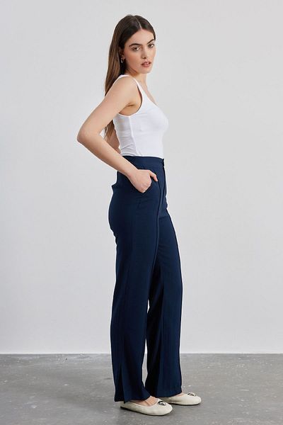 Hooopstore Navy Blue Cotton Viscose Slit Trousers