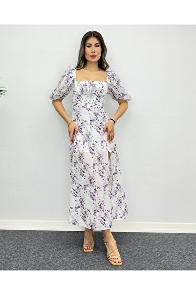 deqfashion فستان بأكمام بالونية مزخرف بالزهور