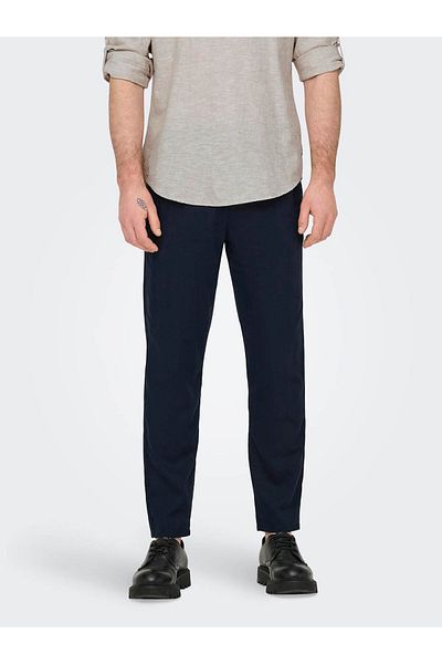 Only & Sons Dark Navy Blue Onsleo Crop Trousers - Linen Mix 0048