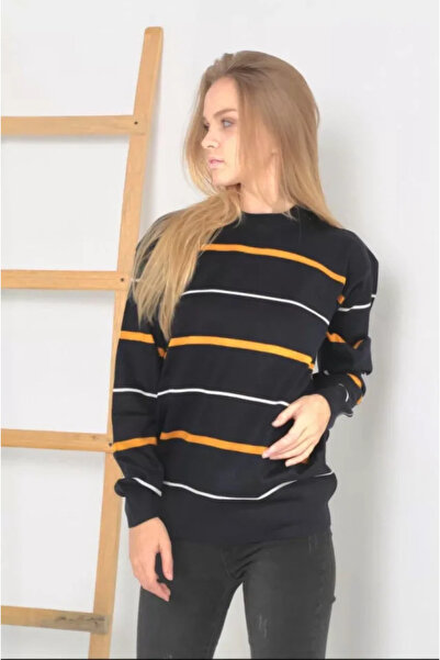 JANES Μαύρο Unisex λεπτό ριγέ πλεκτό πουλόβερ Crew-Neck