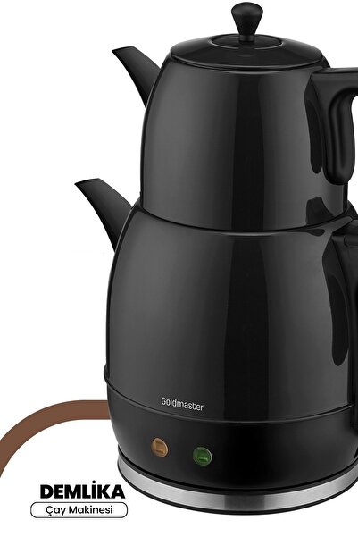GOLDMASTER Demlika Siyah Xl Geniş Hazneli Damlatmaz Paslanmaz Çelik Çay Makinesi Ve Su Isıtıcısı
