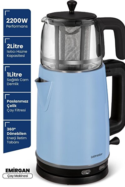 GOLDMASTER Emirgan Buz Mavisi 2200 Watt Geniş Hazneli Paslanmaz Çelik Çay Makinesi Ve Su Isıtıcısı