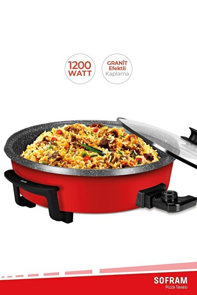 Evia Sofram Kırmızı 1200 Watt Granit Geniş 40 cm Pizza Tavası Çok Amaçlı Elektrikli Pişirici Ea-4410