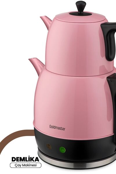 GOLDMASTER Demlika Pink Xl Large Chamber Drip-Free Stainless Steel Tea Maker and Kettle