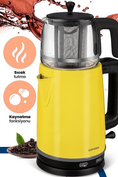 GOLDMASTER Emirgan 2200w Stainless Steel Tea Maker with Glass Teapot and Kettle Yellow