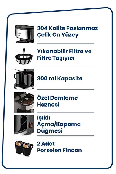 GOLDMASTER Tazem Paslanmaz Çelik Yıkanabilir Filtreli Çift Kupalı Filtre Kahve Makinesi