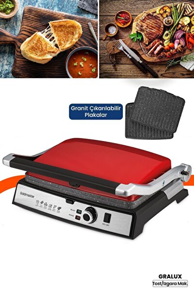 GOLDMASTER Gralux Kırmızı Paslanmaz Çelik 2000 Watt Granit Çıkarılabilir Plakalı Tost Ve Izgara Makinesi