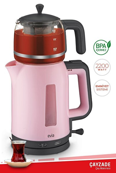 Evia Çayzade Pembe 2200 Watt Cam Demlikli Bpa Içermeyen Çay Makinesi Ve Su Is...