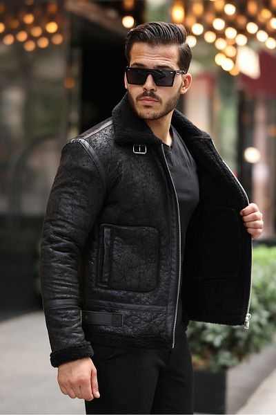 gm giyimarket Ανδρικό δερμάτινο παλτό Napa Slim Fit - Μπουφάν με γούνα στο εσωτερικό