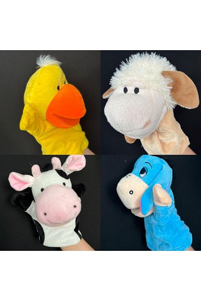 Marsel oyuncak 4 Pieces Plush Hand Puppet Set - Toy for Pets Duck Lamb Cow Donkey
