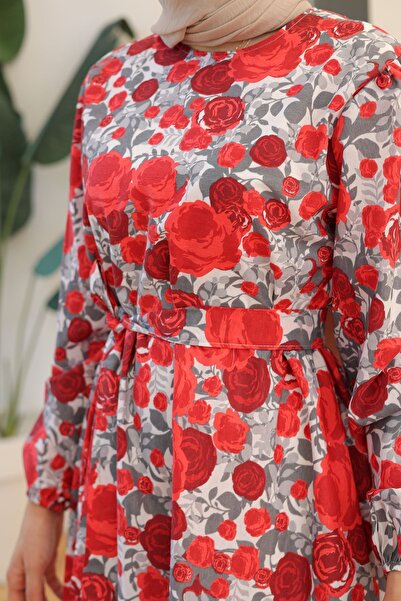 Moka Shopin Gray Red Patterned Mokashopin Dress - 10067.1778