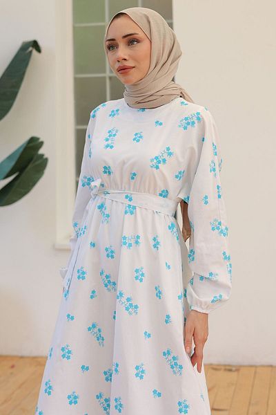 Moka Shopin فستان موكا شوبين منقوش باللون الأبيض الفيروزي - 10068.1778
