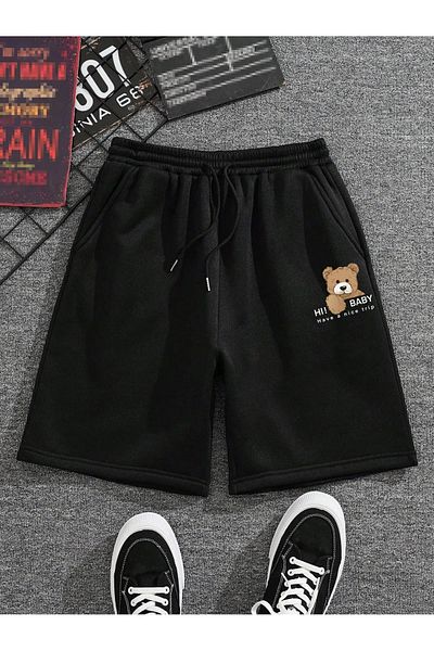 Boi Teddy Bear Printed Oversize καλοκαιρινό χτενισμένο βαμβακερό σορτς - Μαύρο Γκρι