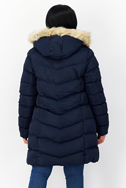 French Connection Women Faux Fur Plain Puffer Jacket, Navy
