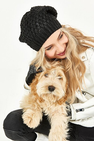 POSUSS Simli Ponponsuz Akrilik Kadın Bere Siyah Parlak - Ps356