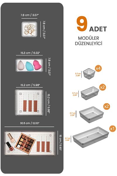 Meleni Home 9-piece Anthracite Colored Drawer Organizer - Cosmetic Jewelry and Makeup Organizer In-cabinet Organizer