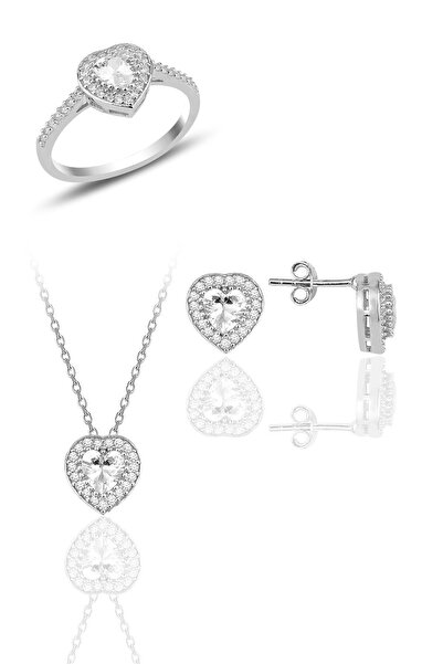 Söğütlü Silver Gümüş Rodyumlu Zirkon Taşlı Kalp Kolye Küpe Ve Yüzük Üçlü Set ...