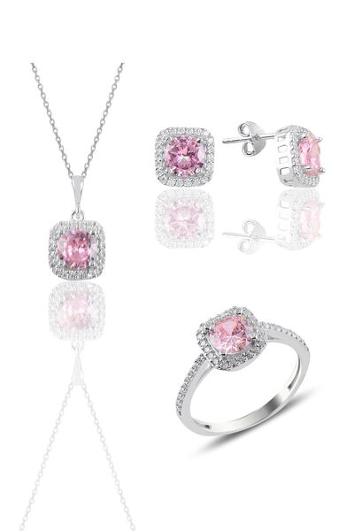 Söğütlü Silver Gümüş Rodyumlu Pembe Taşlı Kare Üçlü Set Sgtl10762
