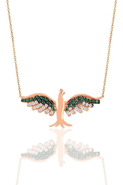Söğütlü Silver Gümüş Rose Kök Zümrüt Taşlı Simurg Anka Kuşu Kolye Sgtl11127rose