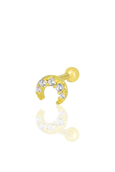 Söğütlü Silver Gümüş Altın Yaldızlı Zirkon Taşlı Hilal Modeli Tragus Helix Pi...