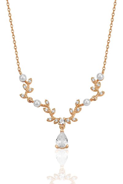 Söğütlü Silver Gümüş rose inci ve zirkon taşlı yaprak firgürlü prenses kolye ...