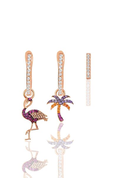 Söğütlü Silver Gümüş Rose Zirkon Taşlı Tropikal Kombin Üçlü Küpe Seti Sgtl116...