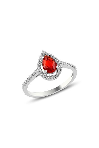 Söğütlü Silver Gümüş Rodyumlu Kırmızı Taşlı Damla Modeli Yüzük Sgtl11004