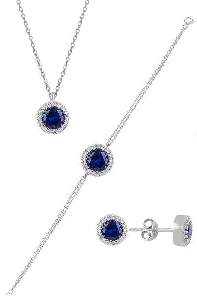 Söğütlü Silver Gümüş Rodyumlu Zirkon Ve Safir Taşlı Pırlanta Modeli Üçlü Set ...