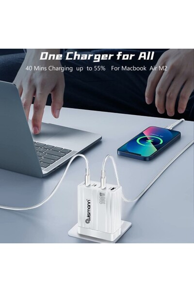 Wismann 100W USB-C Güç Adaptörü GaN (Akım Korumalı) Hızlı Şarj Cihazı (Type-C Kablo Dahildir) Beyaz