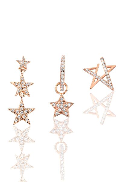 Söğütlü Silver Gümüş Rose Zirkon Taşlı Yıldızlar Kombin Küpe Sgtl11902rose