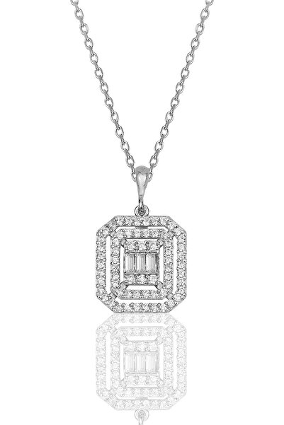 Söğütlü Silver Gümüş Rodyumlu Pırlanta Montürlü Taşlı Baget Kolye