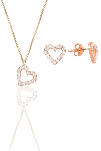 Söğütlü Silver Gümüş Rose Zirkon Taşlı Kalp Kolye Ve Küpe Ikili Set Sgtl11884...