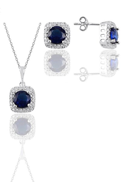 Söğütlü Silver Gümüş Beyaz Altın Rodyumlu Safir Taşlı Kare Ikili Set Sgtl11579lacıvert