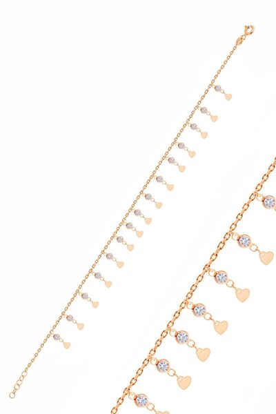Söğütlü Silver Gümüş Rose Zirkon Taşlı Çift Sıra Kalp Pullu Halhal