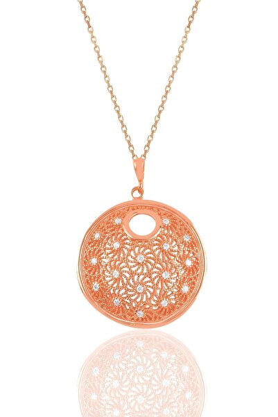Söğütlü Silver Gümüş Rose Zirkon Taşlı Modern Telkari Görünümlü Kolye Sgtl109...