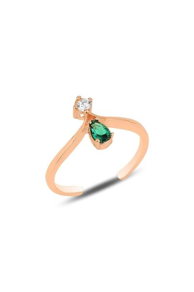 Söğütlü Silver Gümüş Rose Yeşil Taşlı Taç Modeli Ayarlamalı Damla Yüzük Sgtl1...