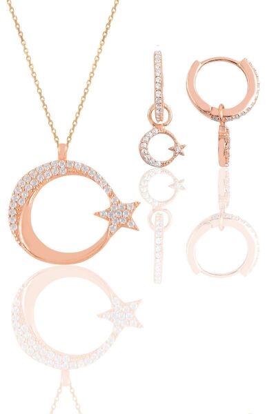 Söğütlü Silver Gümüş Rose Zirkon Taşlı Ay Yıldız Kolye Ve Küpe Ikili Set Sgtl...