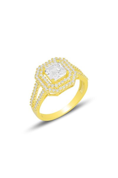 Söğütlü Silver Gümüş Altın Yaldızlı Özel Tasarım Baget Kesim Zirkon Taşlı Yüz...