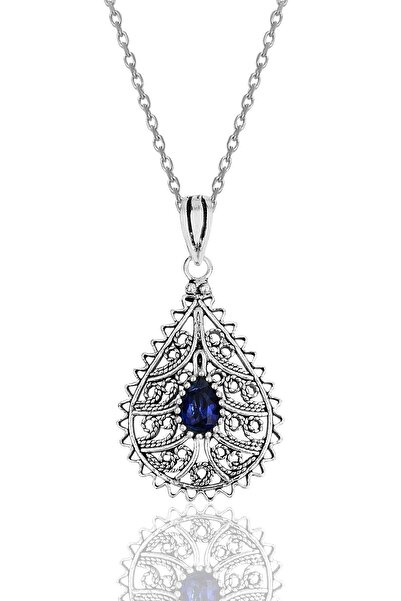 Söğütlü Silver Gümüş Safir Taşlı Oksitli Telkari Işlemeli Kolye