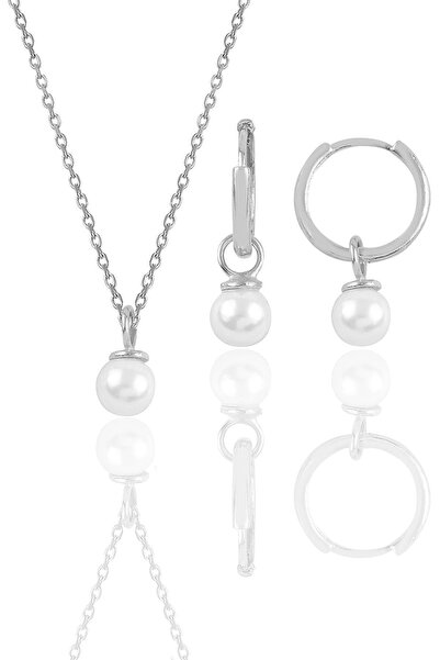 Söğütlü Silver Gümüş Rodyumlu Incili Kolye Ve Halka Küpe Ikili Set Sgtl12070r...