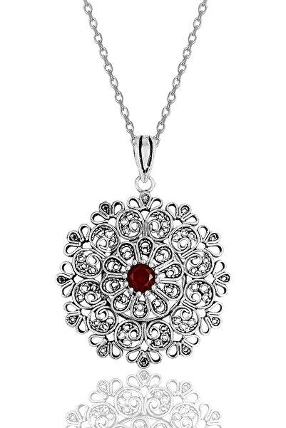Söğütlü Silver Gümüş Kök Yakut Taşlı Oksitli Telkari Işlemeli Kolye