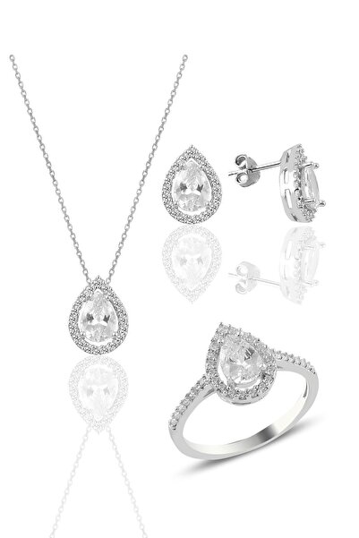 Söğütlü Silver Gümüş Rodyumlu Zirkon Taşlı Damla Modeli Üçlü Set Sgtl11003