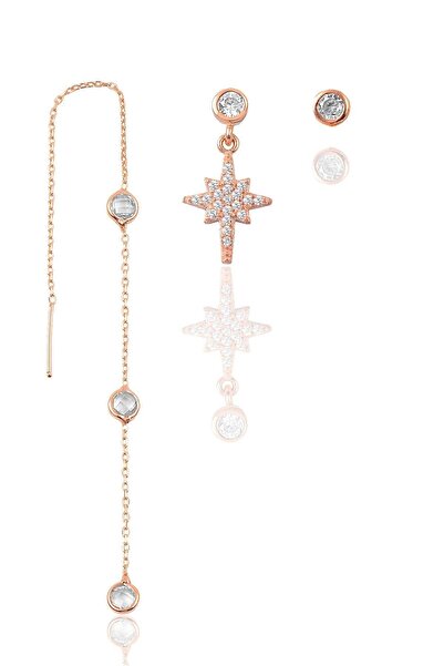 Söğütlü Silver Gümüş Rose Zirkon Taşlı Kutup Yıldızı Kombin Üçlü Küpe Seti