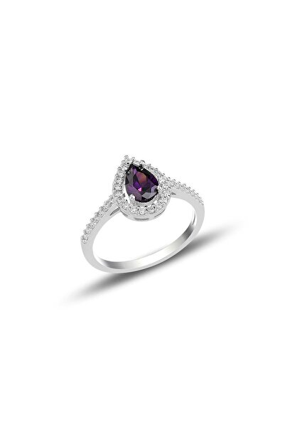 Söğütlü Silver Gümüş Rodyumlu Ametis Taşlı Damla Modeli Yüzük Sgtl11004