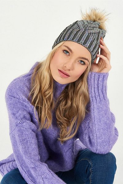 POSUSS Glittery Pompom Acrylic Women's Beanie Anthracite - Ps257