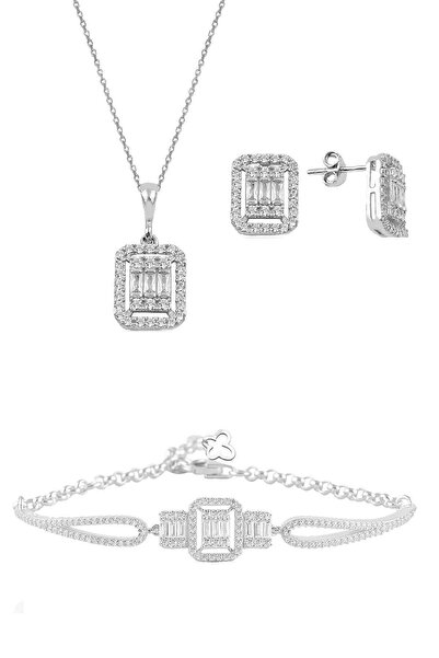 Söğütlü Silver Gümüş Rodyumlu Baget Taşlı Kolye Küpe Ve Bilezik Gümüş Set Sgt...