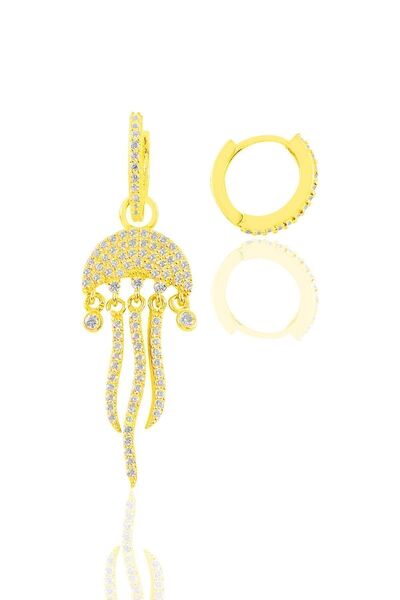 Söğütlü Silver Gümüş Altın Yaldızlı Zirkon Taşlı Deniz Anası Figürlü Tarz Küpe Sgtl11358gold