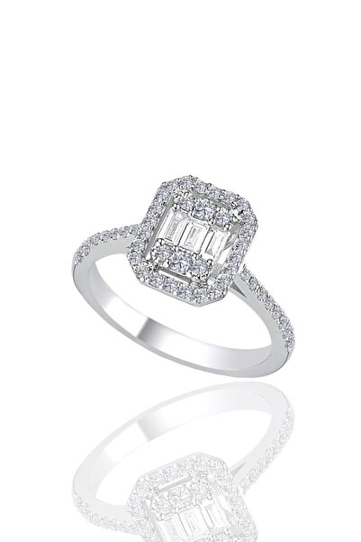 Söğütlü Silver Gümüş Beyaz Altın Rodyumlu Baget Kesim Zirkon Taşlı Çizgili Yü...